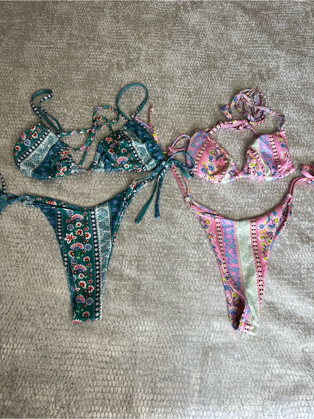 Pair of Paisley Print Triangle Bikinis - Green & Pink